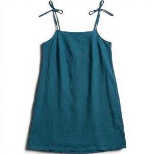 Vitamin A Teal Blue Linen Blend Halter Tie Back Swim Cover Up Mini Dress L NEW